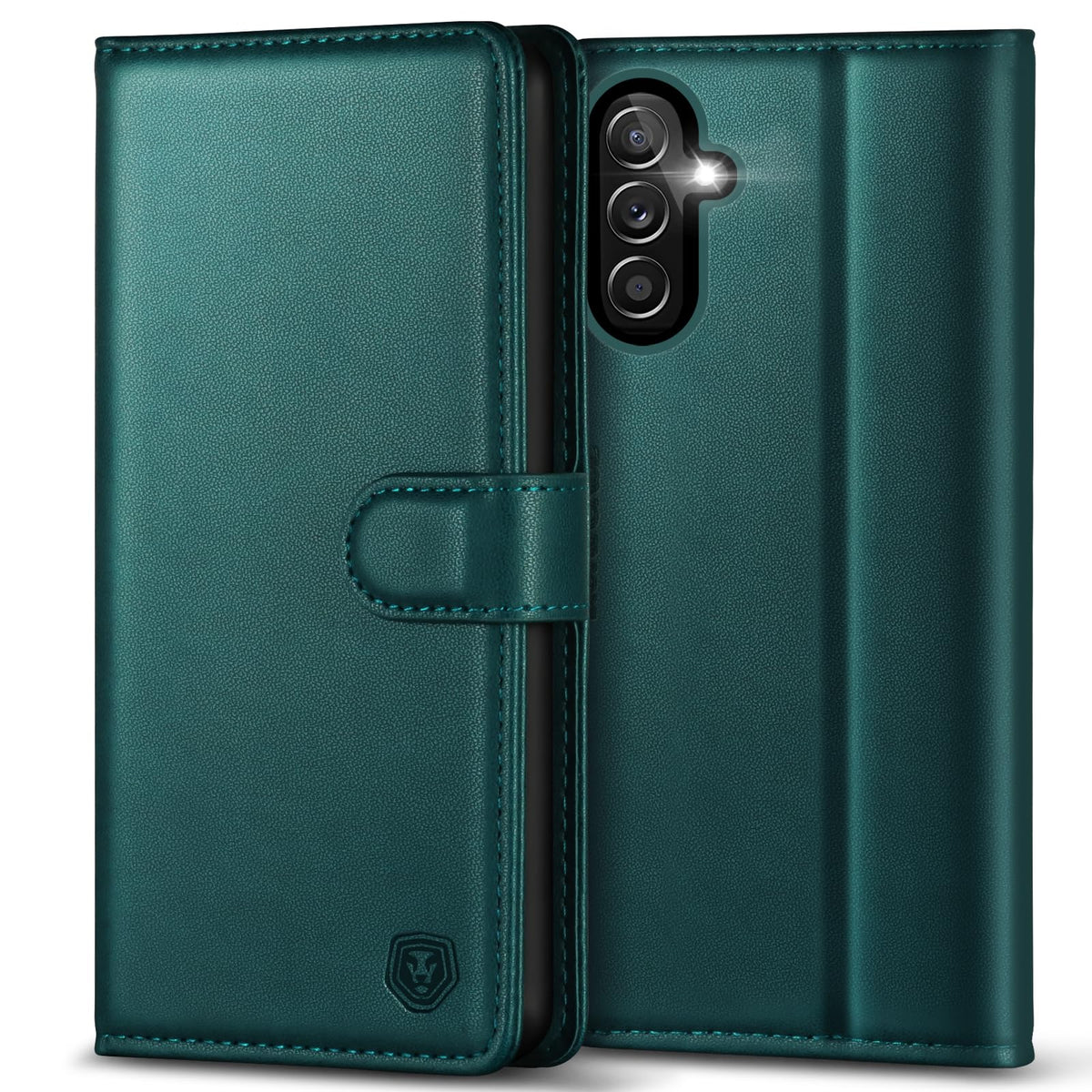 Leather phone case for Samsung A14 5G, with 4 card slots, magnetic closure, and stand.
