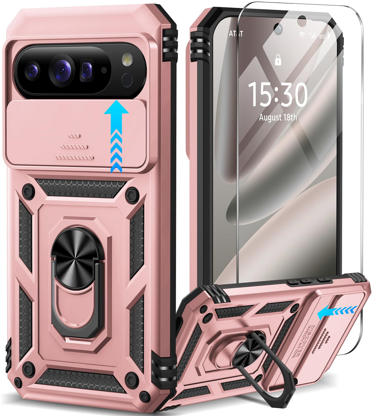 Shockproof phone case for Google Pixel 11 Pro XL with screen protector and sliding camera lens cover, and built-in 360¡ã rotating magnetic ring holder.