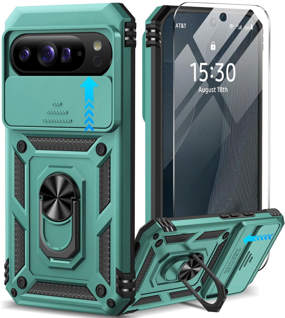 Shockproof phone case for Google Pixel 11 Pro XL with screen protector and sliding camera lens cover, and built-in 360¡ã rotating magnetic ring holder.