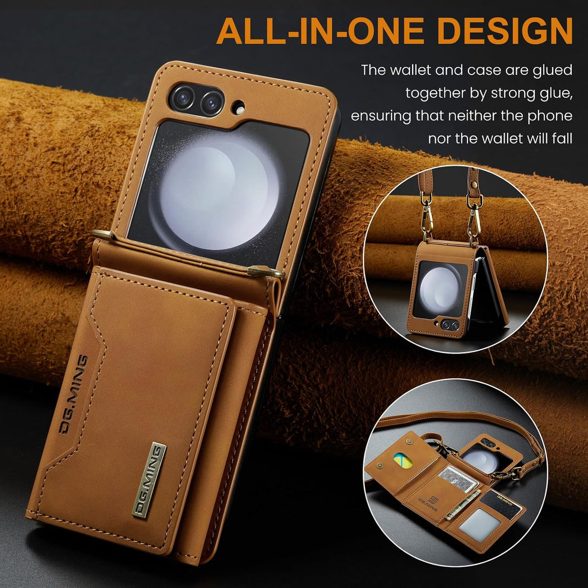 Crossbody wallet style retro leather phone case for Samsung Galaxy Z Flip 6 with adjustable shoulder strap