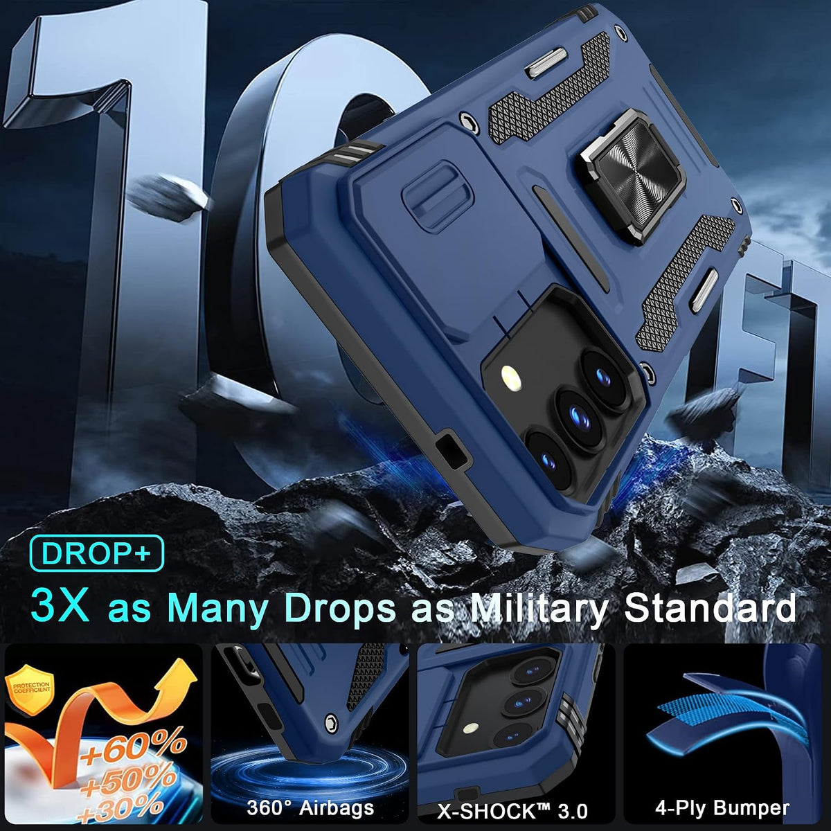 Military-grade shockproof phone case for Samsung Galaxy S25 with sliding camera cover and screen protector (1 piece)