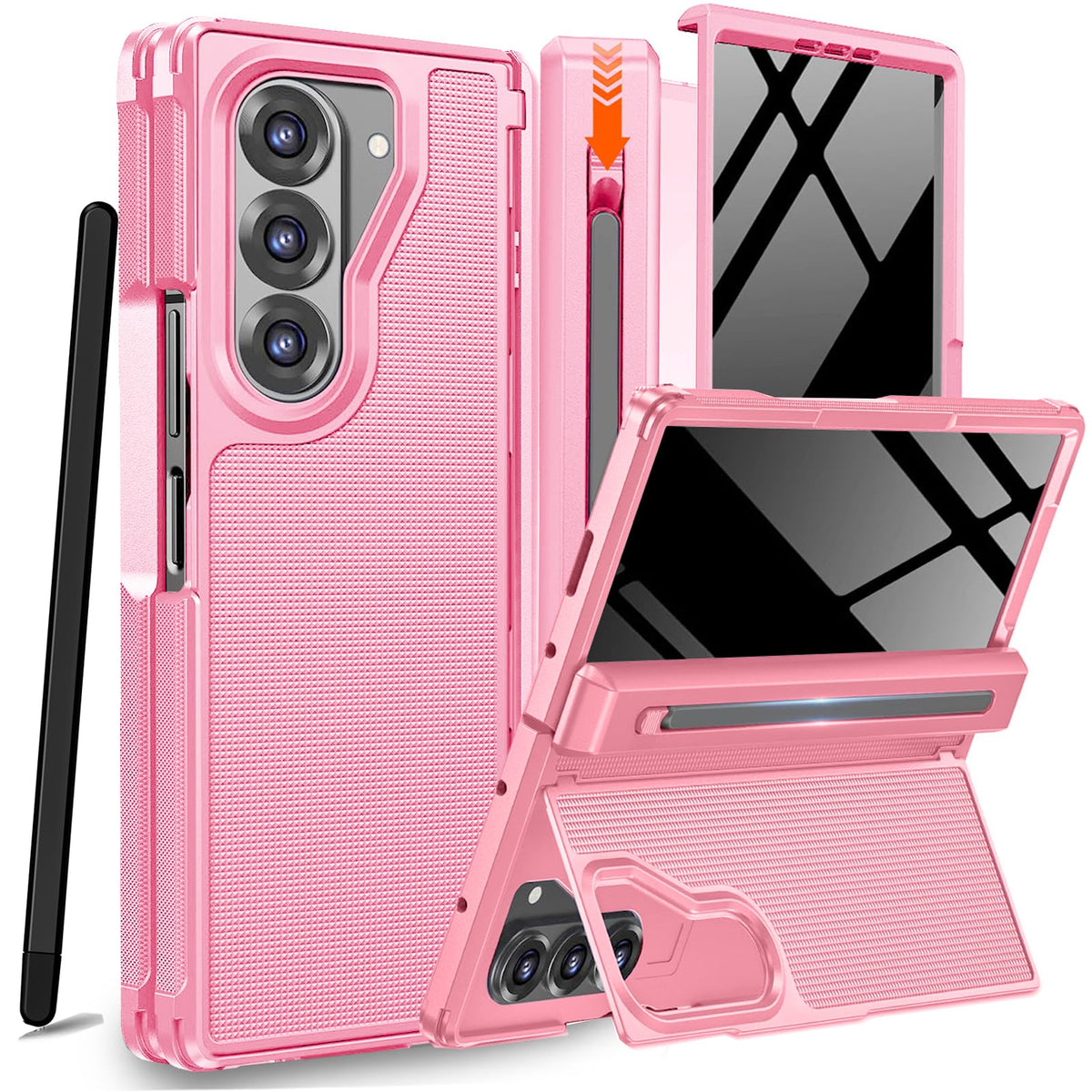 A hinged TPU phone case for the Samsung Galaxy Z Fold 7 with an S Pen slot, stylus, and hidden stand.