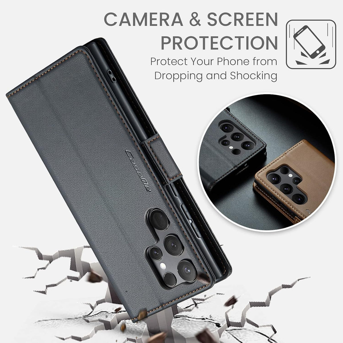 Leather Phone Case for Samsung Galaxy S23 Ultra,  Kickstand Phone Cover