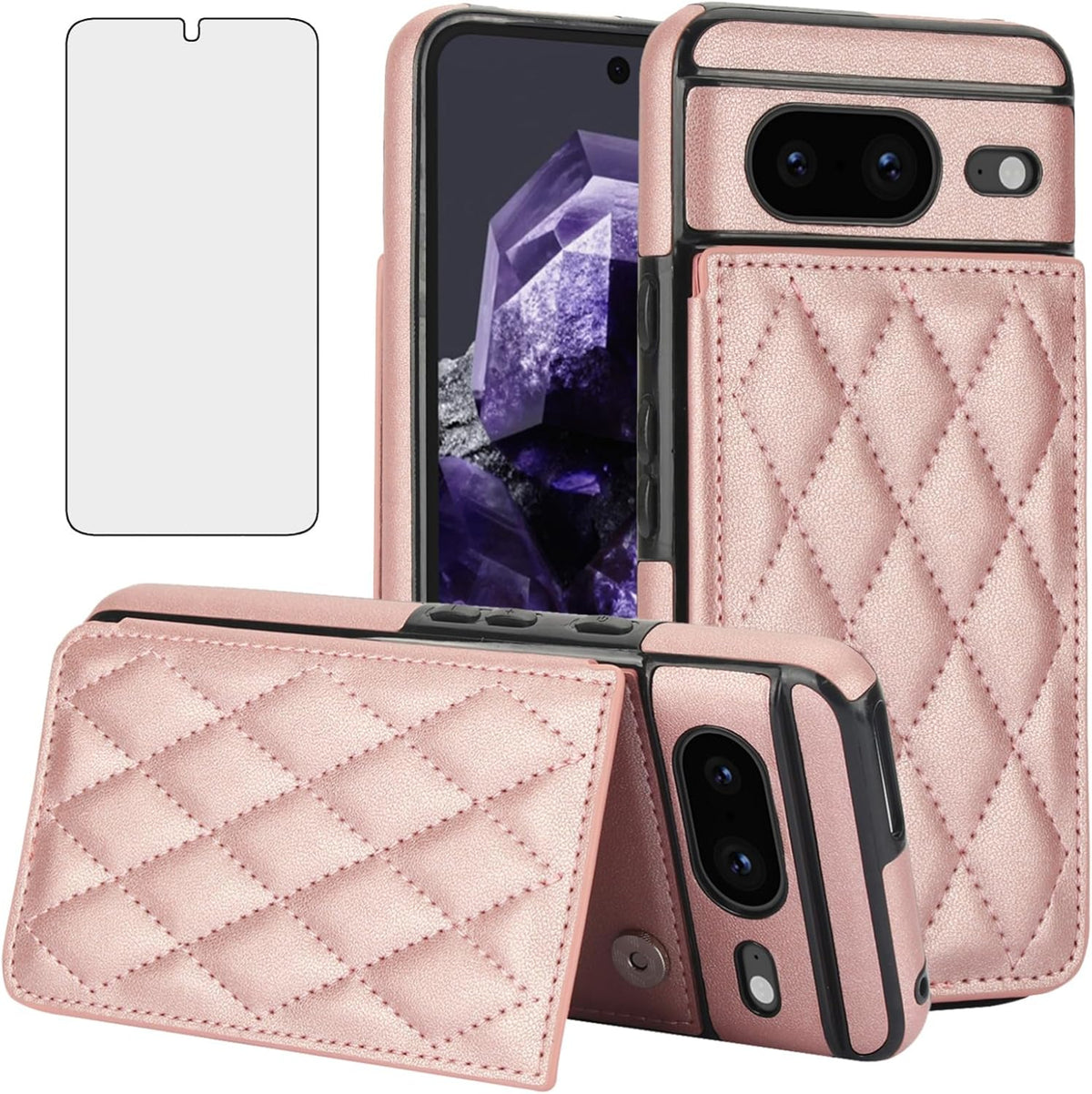 Leather Phone Case for Google Pixel 8 5G – Flip Wallet Case with Tempered Glass Screen Protector