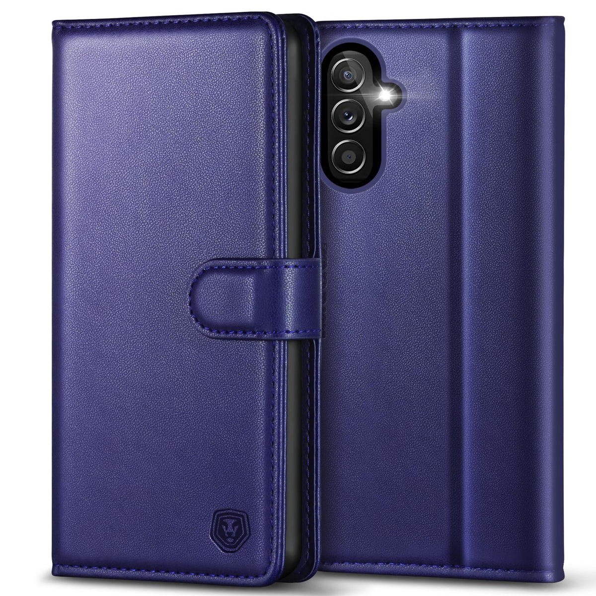 Leather phone case for Samsung A14 5G, with 4 card slots, magnetic closure, and stand.