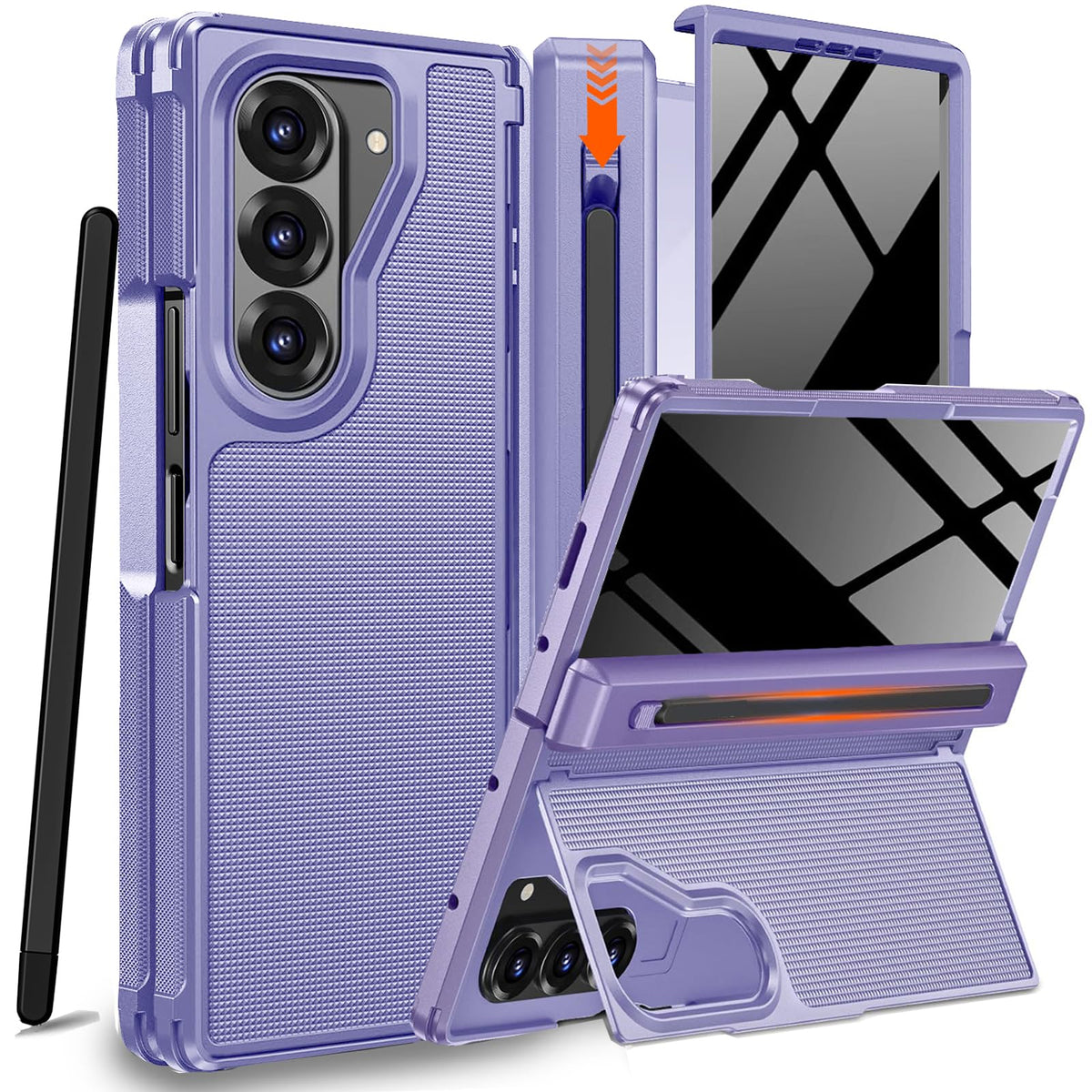 A hinged TPU phone case for the Samsung Galaxy Z Fold 7 with an S Pen slot, stylus, and hidden stand.
