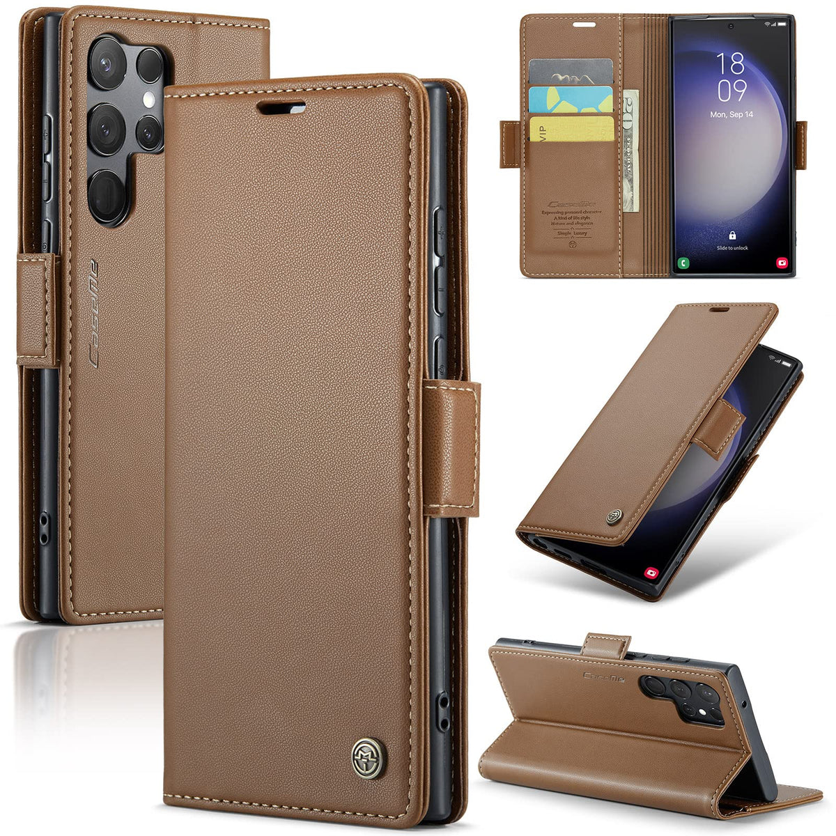 Leather Phone Case for Samsung Galaxy S23 Ultra,  Kickstand Phone Cover