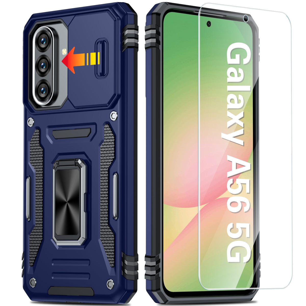 Shockproof phone case for Samsung Galaxy A55 5G, with 2 tempered glass screen protectors.