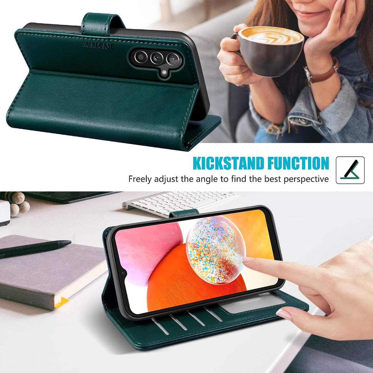 Leather phone case for Samsung A14 5G, with 4 card slots, magnetic closure, and stand.