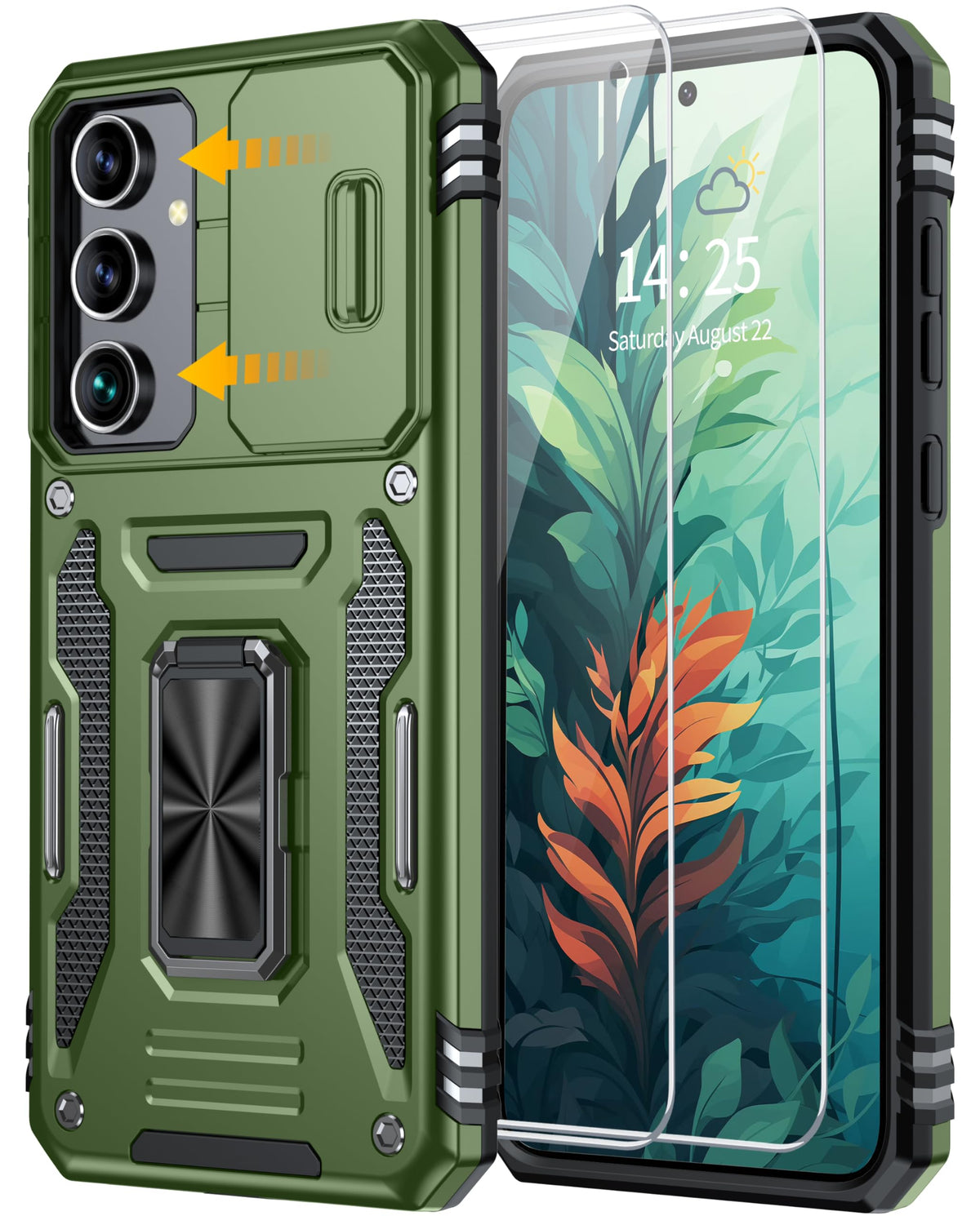 Shockproof phone case for Samsung Galaxy A55 5G, with 2 tempered glass screen protectors.