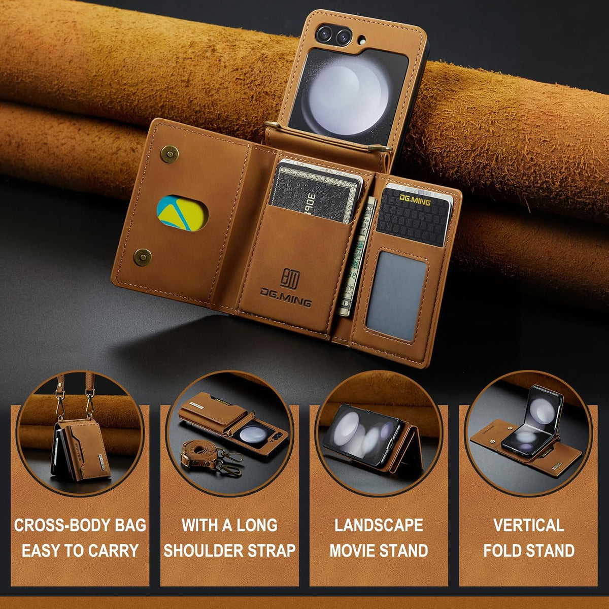 Fashion multifunctional crossbody leather wallet case anti-slip protective shell for Samsung Galaxy Z Flip 6