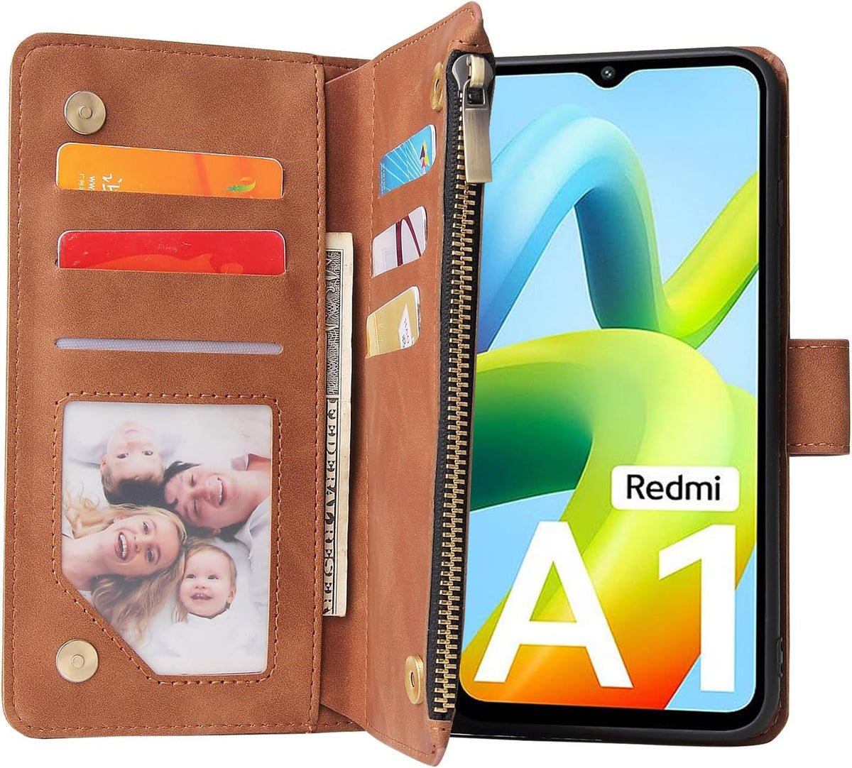 Leather wallet-style phone case with tempered glass screen protector for Xiaomi Redmi A1