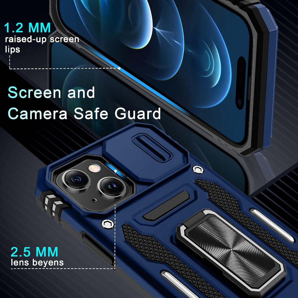 Military-grade shockproof phone case for iPhone 15 Plus with sliding camera cover and screen protector (1 piece)