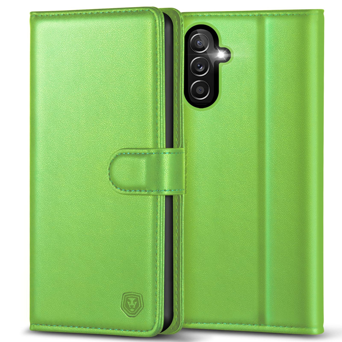 Leather phone case for Samsung A14 5G, with 4 card slots, magnetic closure, and stand.