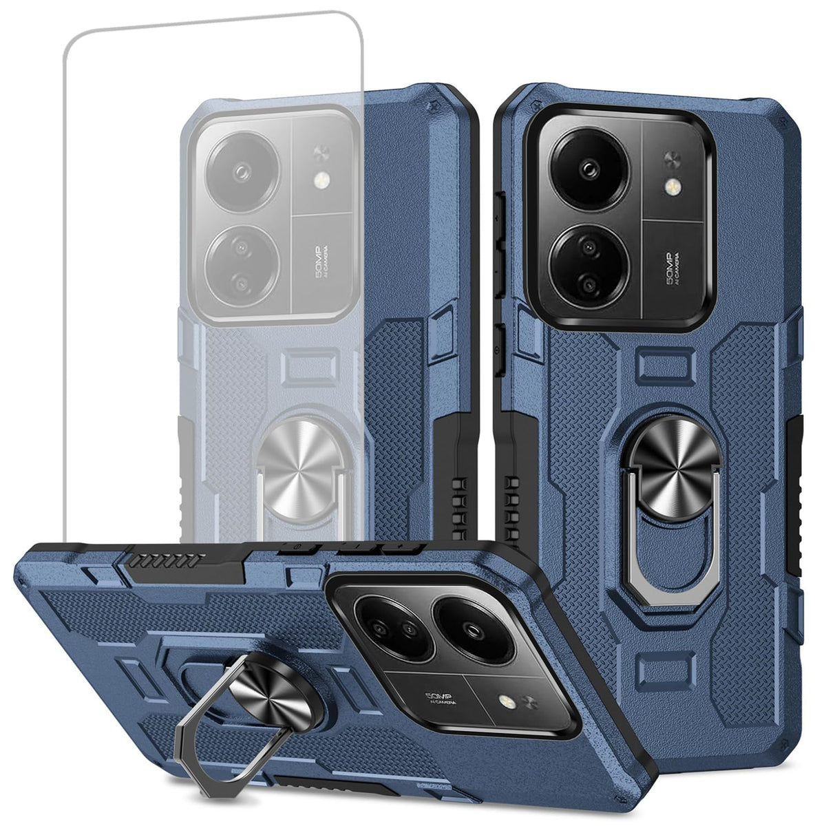 Magnetic phone case for Redmi 13C 4G/Poco C65, with tempered glass screen protector.