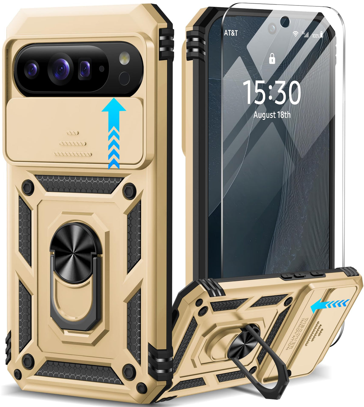 Shockproof phone case for Google Pixel 11 Pro XL with screen protector and sliding camera lens cover, and built-in 360¡ã rotating magnetic ring holder.
