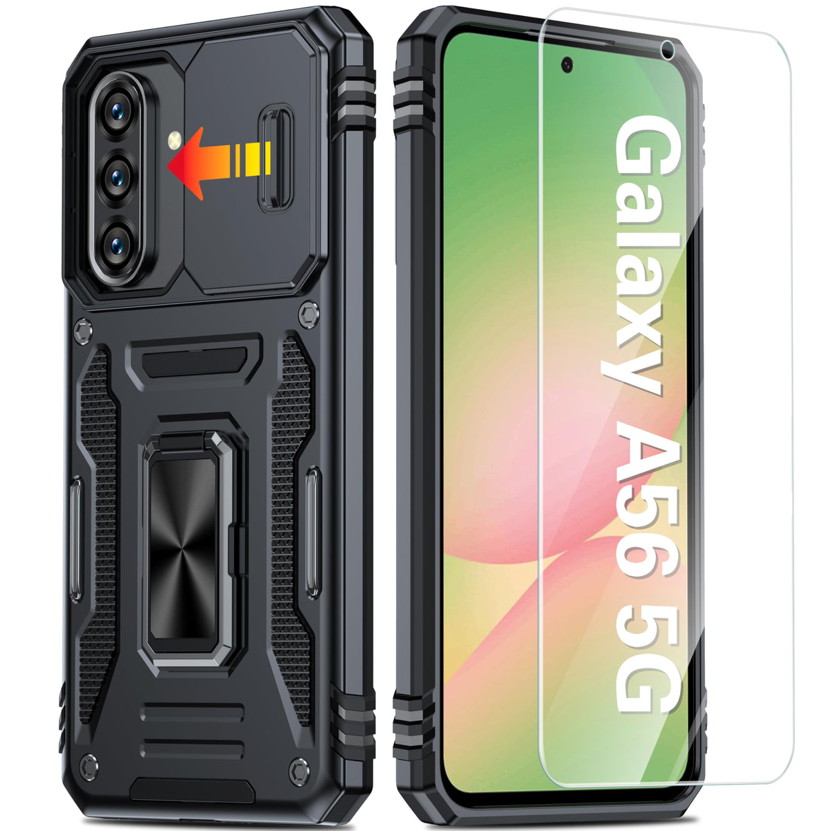 Shockproof phone case for Samsung Galaxy A55 5G, with 2 tempered glass screen protectors.