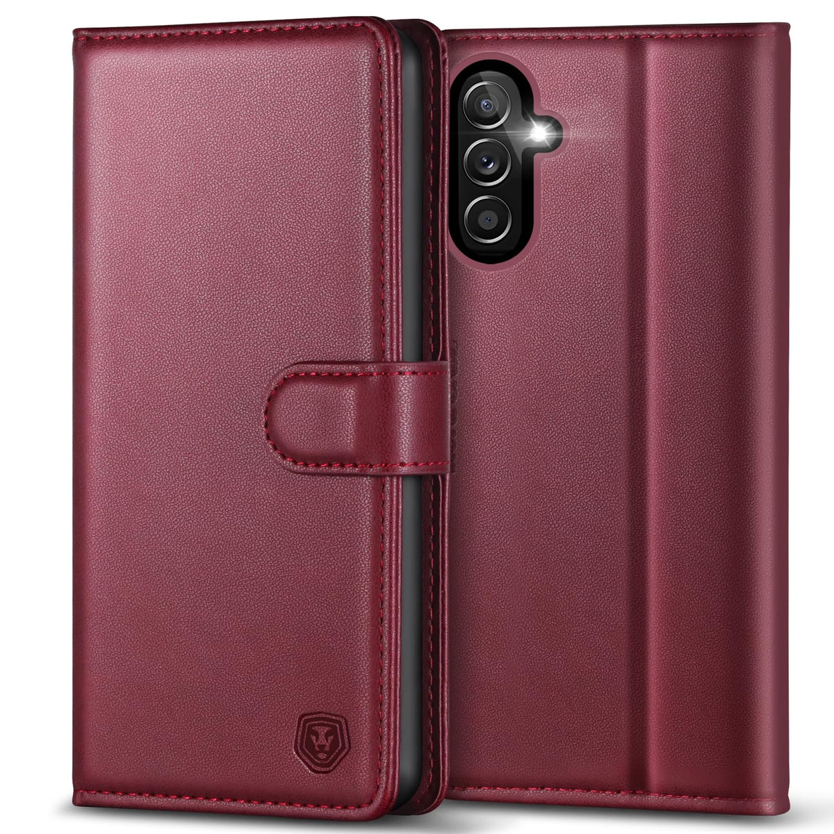 Leather phone case for Samsung A14 5G, with 4 card slots, magnetic closure, and stand.