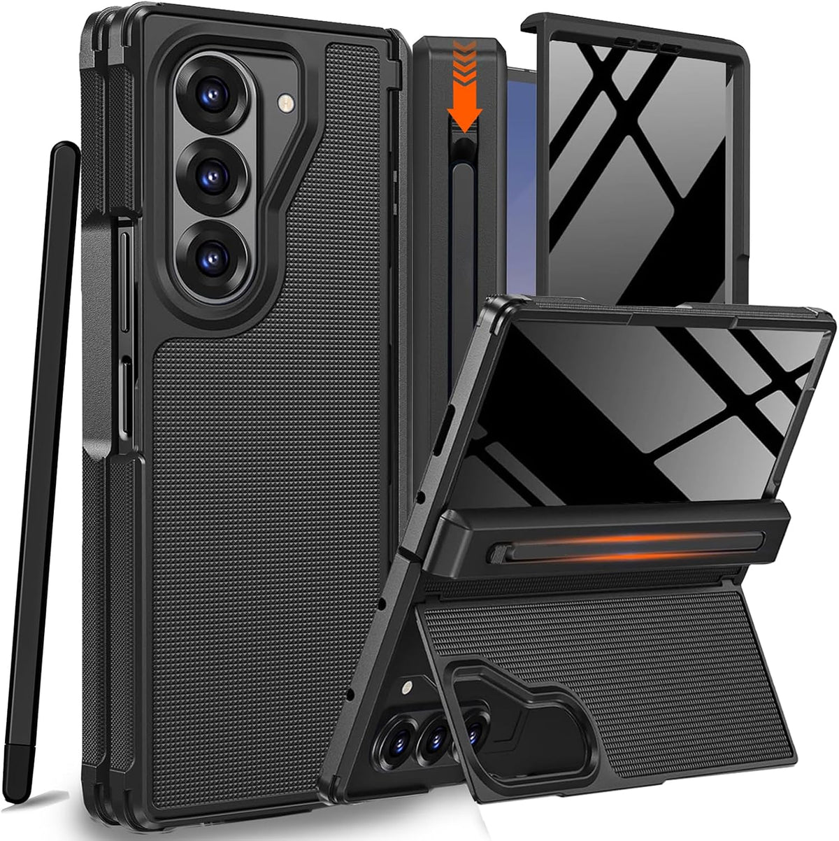 A hinged TPU phone case for the Samsung Galaxy Z Fold 7 with an S Pen slot, stylus, and hidden stand.