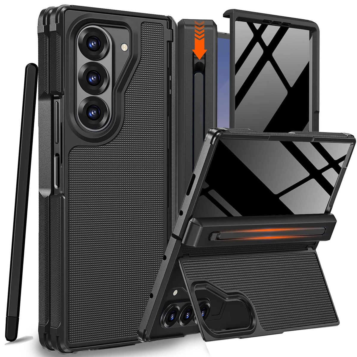 A hinged TPU phone case for the Samsung Galaxy Z Fold 7 with an S Pen slot, stylus, and hidden stand.