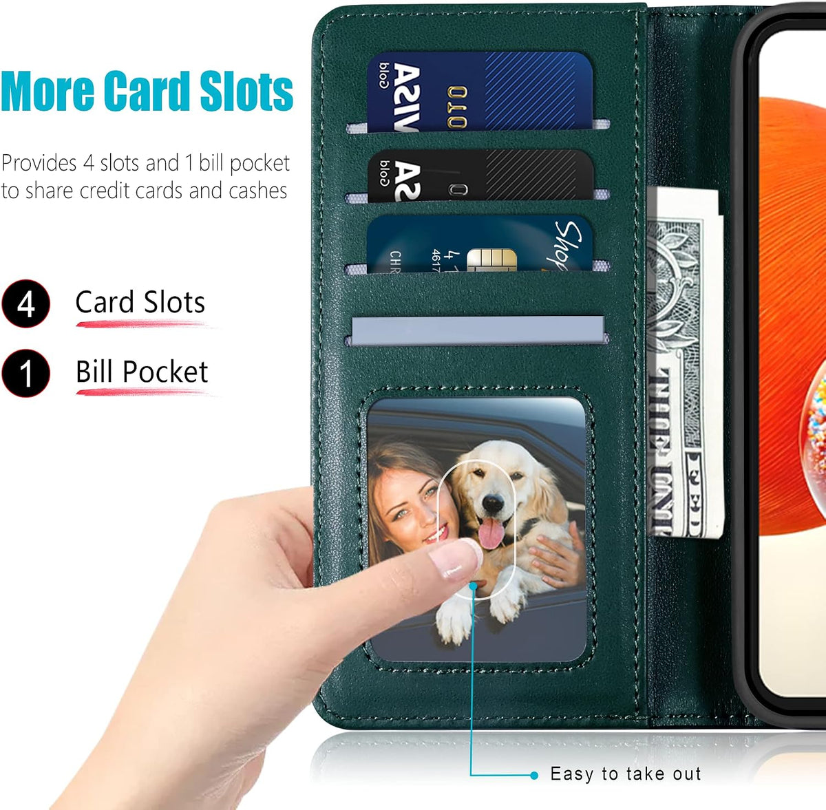 Leather phone case for Samsung A14 5G, with 4 card slots, magnetic closure, and stand.