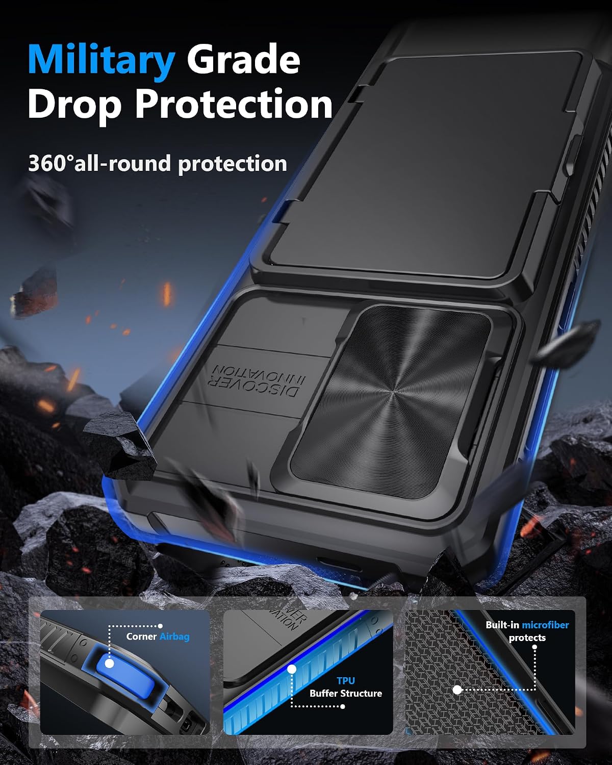 Military-grade shockproof phone case for Samsung Galaxy S24, with built-in card holder.