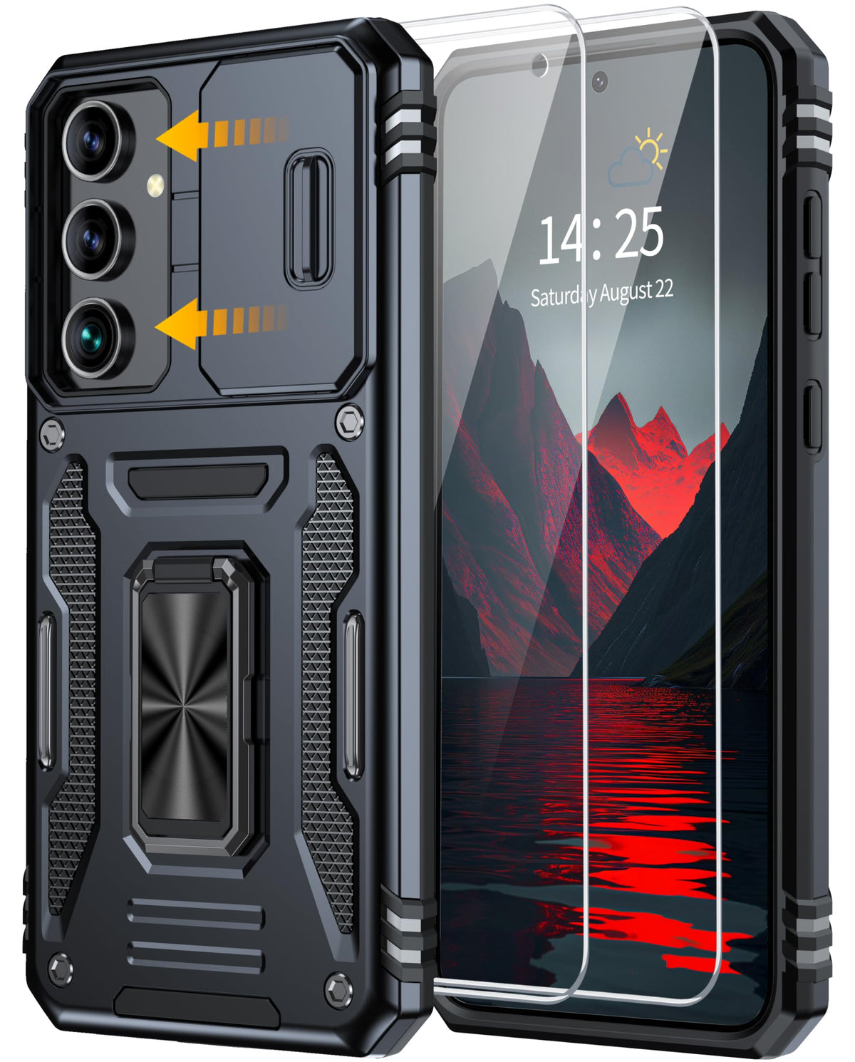 Shockproof phone case for Samsung Galaxy A55 5G, with 2 tempered glass screen protectors.