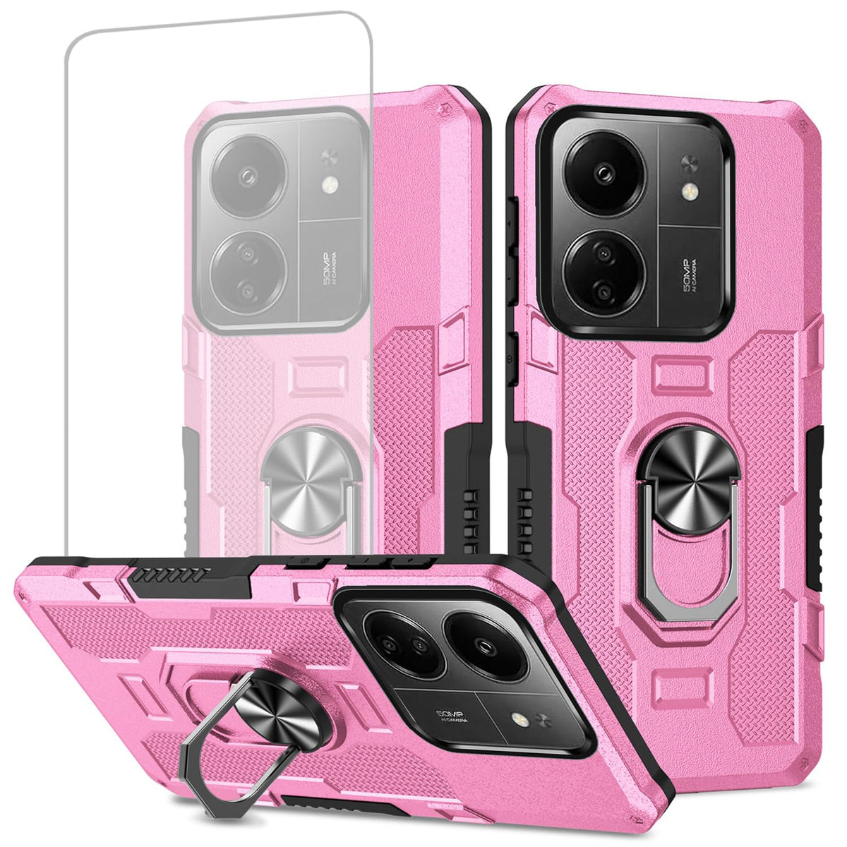 Magnetic phone case for Redmi 13C 4G/Poco C65, with tempered glass screen protector.