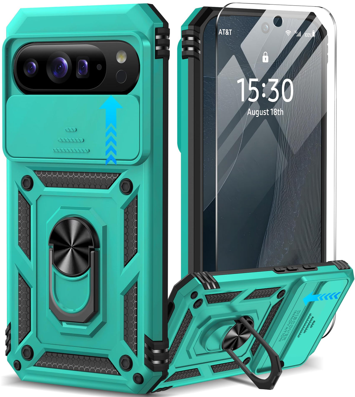 Shockproof phone case for Google Pixel 11 Pro XL with screen protector and sliding camera lens cover, and built-in 360¡ã rotating magnetic ring holder.