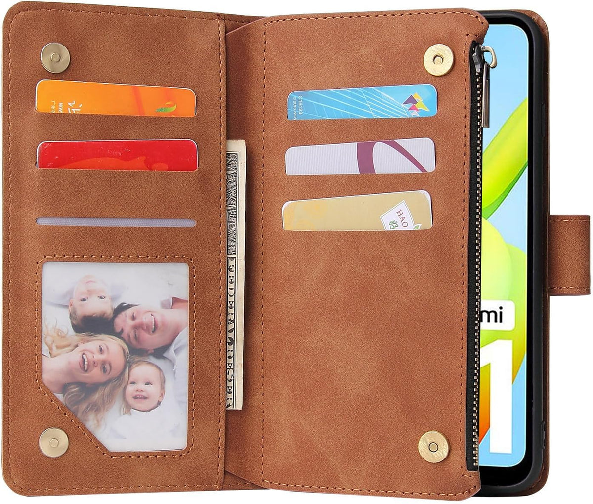 Leather wallet-style phone case with tempered glass screen protector for Xiaomi Redmi A1