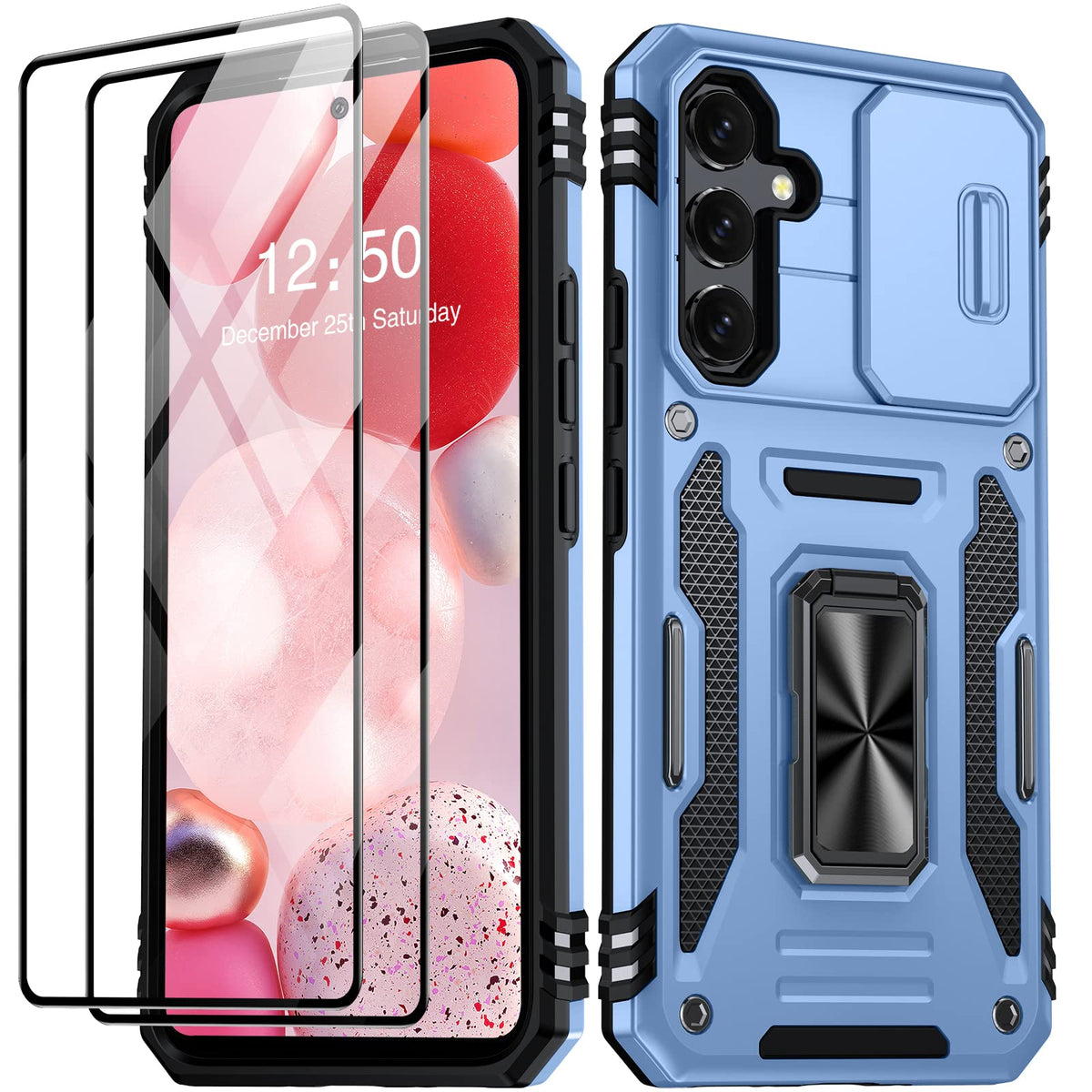 Shockproof phone case for Samsung Galaxy A55 5G, with 2 tempered glass screen protectors.