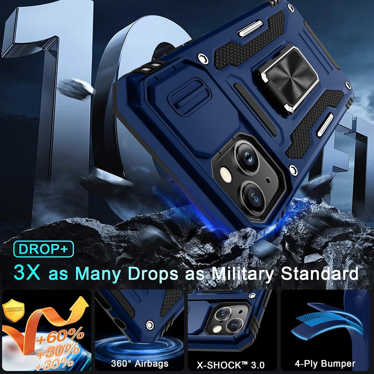 Military-grade shockproof phone case for iPhone 15 Plus with sliding camera cover and screen protector (1 piece)