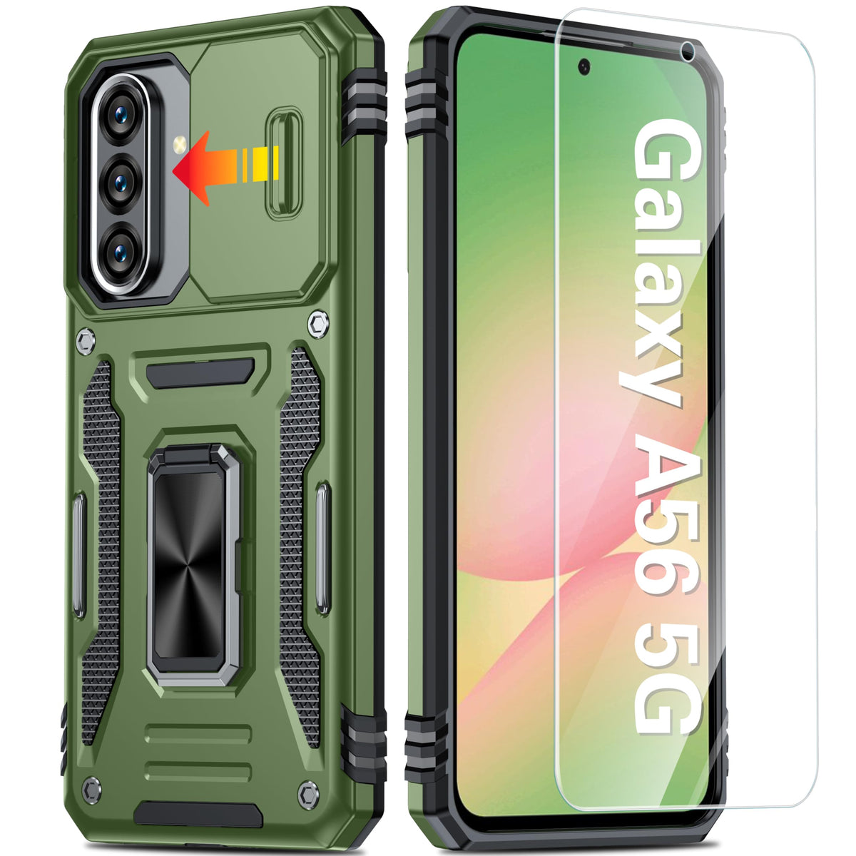 Shockproof phone case for Samsung Galaxy A55 5G, with 2 tempered glass screen protectors.