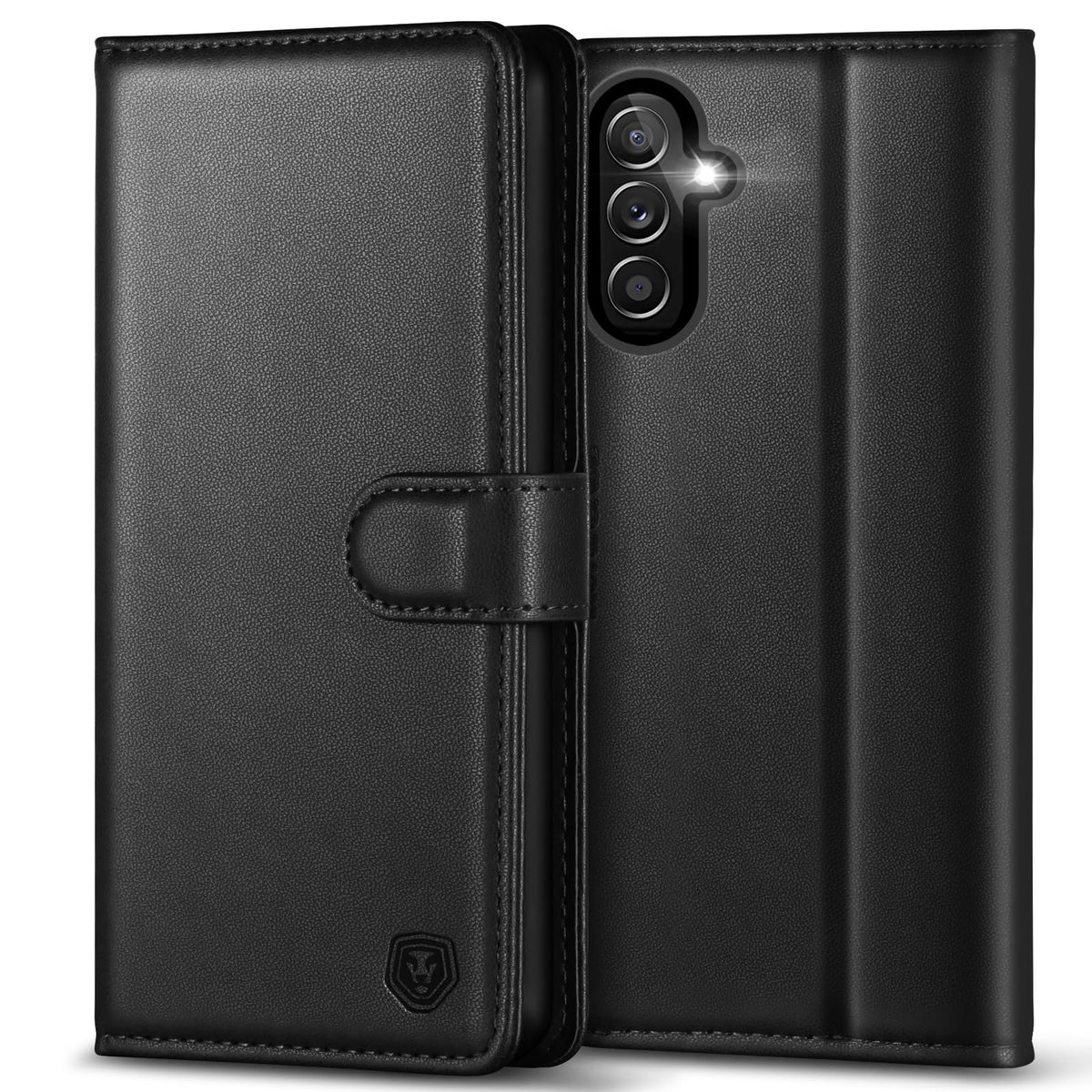 Leather phone case for Samsung A14 5G, with 4 card slots, magnetic closure, and stand.