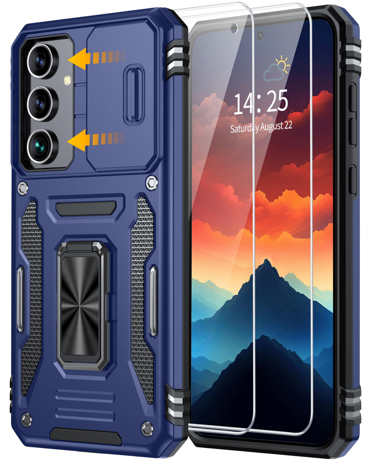 Shockproof phone case for Samsung Galaxy A55 5G, with 2 tempered glass screen protectors.