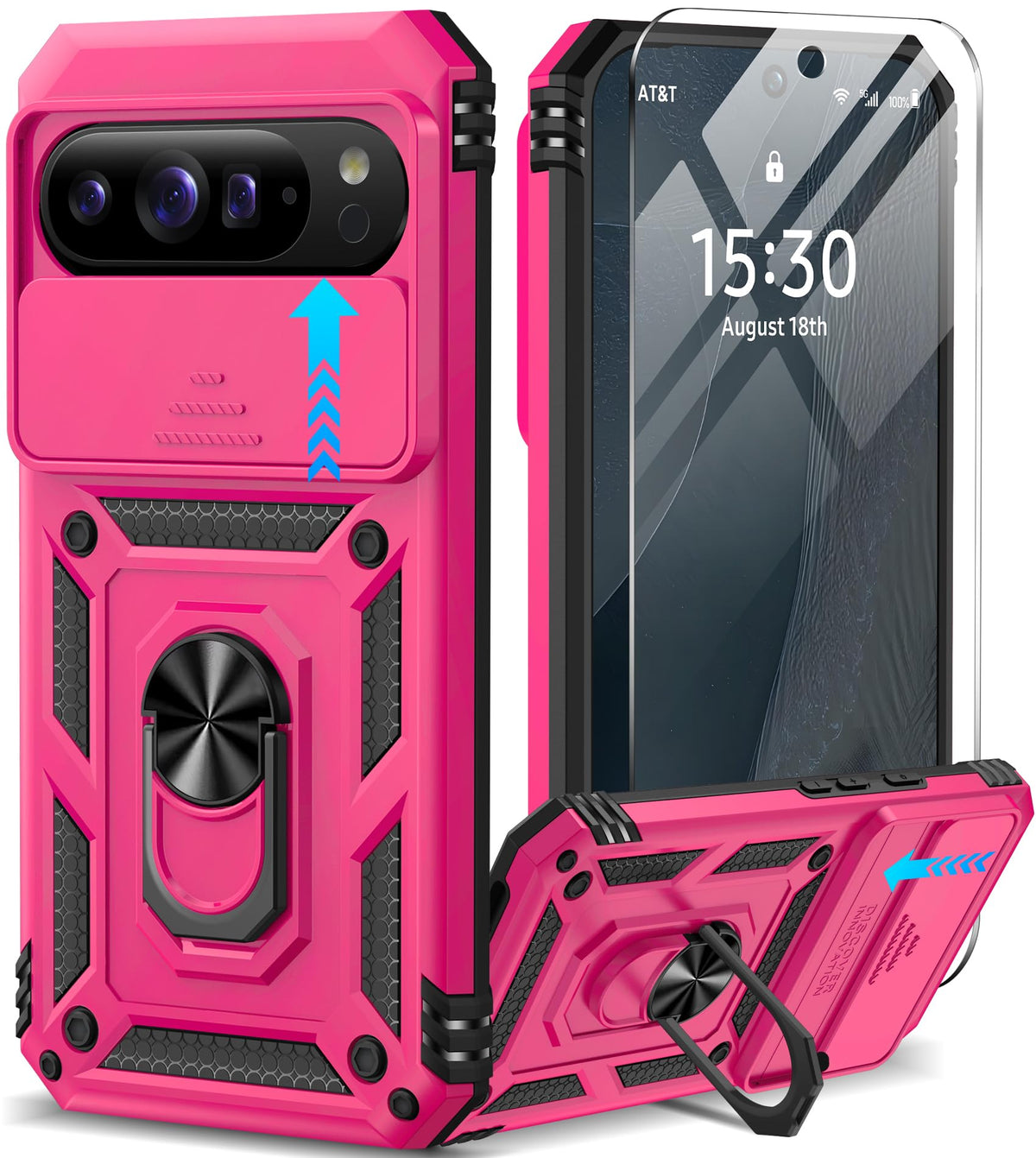 Shockproof phone case for Google Pixel 11 Pro XL with screen protector and sliding camera lens cover, and built-in 360¡ã rotating magnetic ring holder.