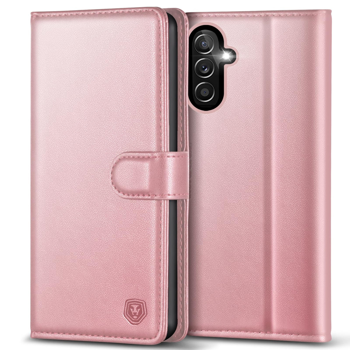 Leather phone case for Samsung A14 5G, with 4 card slots, magnetic closure, and stand.
