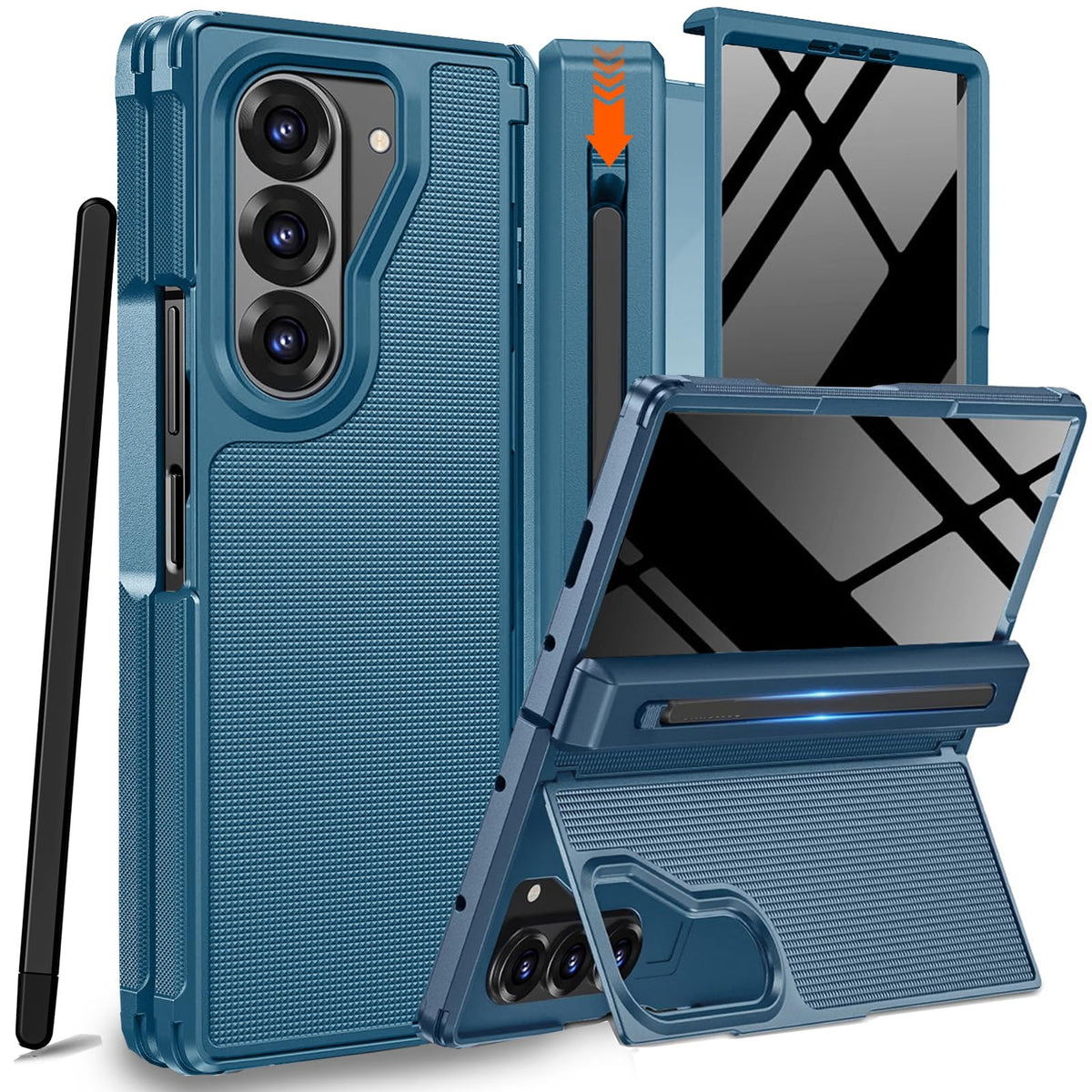A hinged TPU phone case for the Samsung Galaxy Z Fold 7 with an S Pen slot, stylus, and hidden stand.