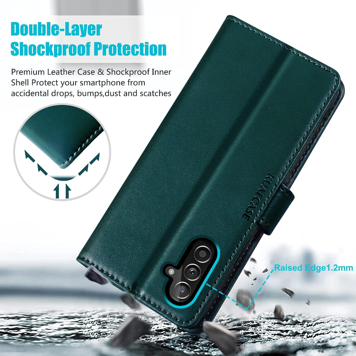 Leather phone case for Samsung A14 5G, with 4 card slots, magnetic closure, and stand.