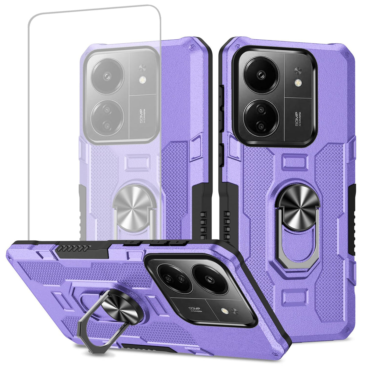 Magnetic phone case for Redmi 13C 4G/Poco C65, with tempered glass screen protector.