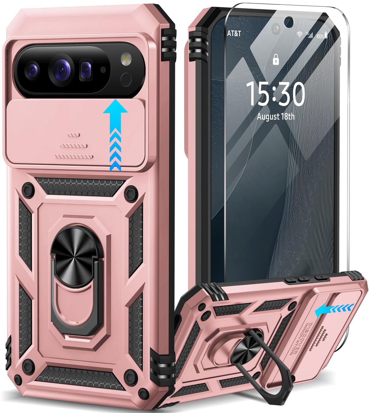 Shockproof phone case for Google Pixel 11 Pro XL with screen protector and sliding camera lens cover, and built-in 360¡ã rotating magnetic ring holder.