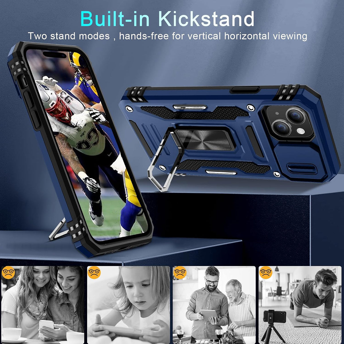 Military-grade shockproof phone case for iPhone 15 Plus with sliding camera cover and screen protector (1 piece)