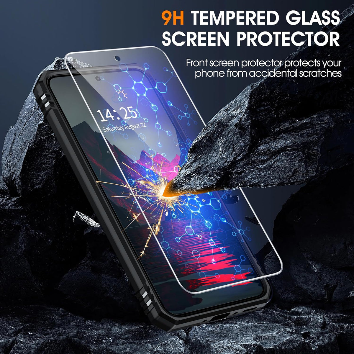 Shockproof phone case for Samsung Galaxy A55 5G, with 2 tempered glass screen protectors.