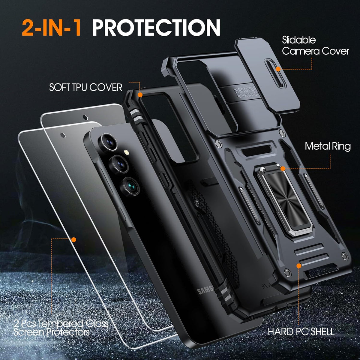 Shockproof phone case for Samsung Galaxy A55 5G, with 2 tempered glass screen protectors.