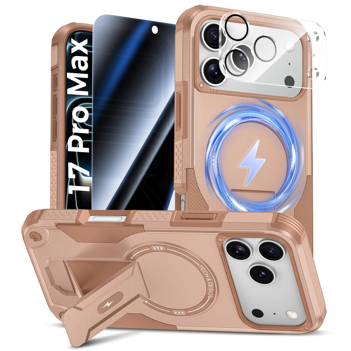 MagSafe Phone Case with Stand for iPhone 17 Pro Max, Anti-Peep & Lens Protector