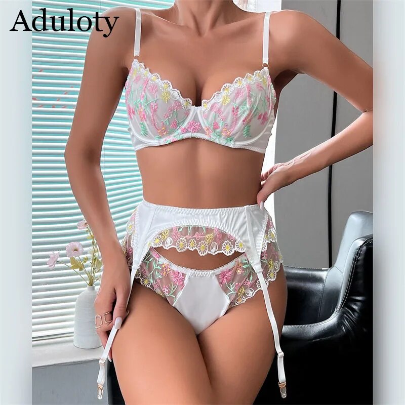 Women's Sexy Underwear Three Piece Set with Flower Embroidery with