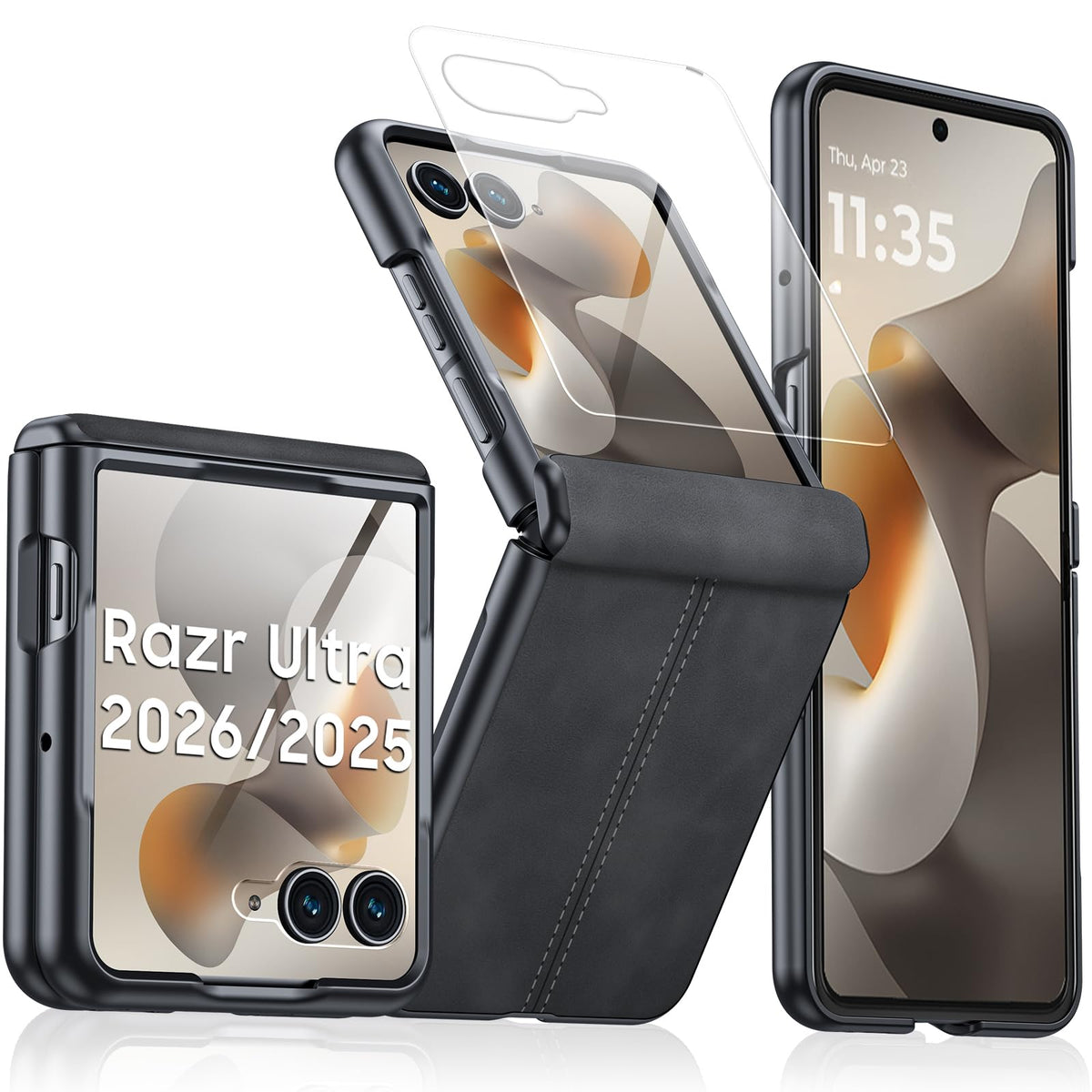 Motorola Razr 50 faux leather case with pre-installed 9H glass screen protector for external display – free shipping


