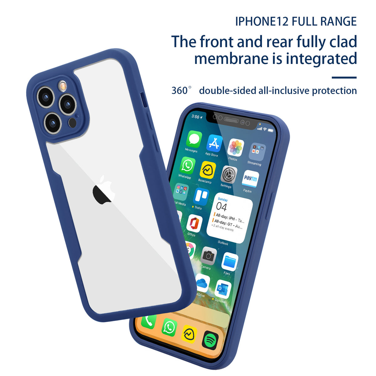 iPhone 12 Pro Max full coverage case with built-in HD plastic screen protector preventing scratches and dirt while maintaining touch sensitivity.