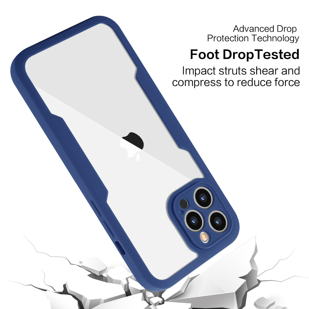 iPhone 12 Pro Max shockproof TPU case with hard plastic frame and raised lips protecting camera and screen from drops, exceeding military standard.