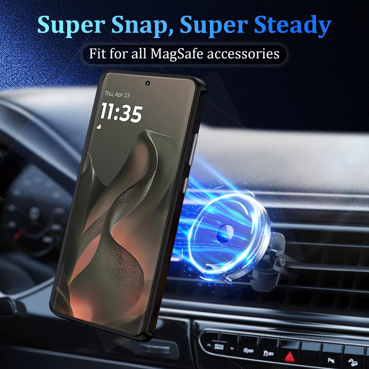 Moto Edge 2025 attached to magnetic wireless charger with clear anti-yellowing case